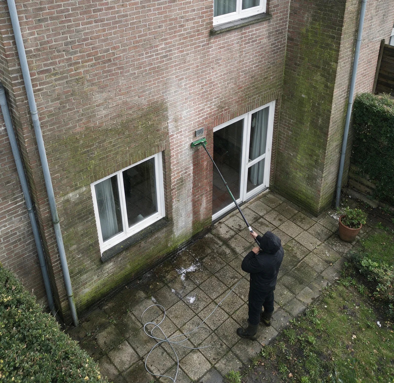 Bakstenen gevel met zwarte aanslagstrepen, tijdens de reiniging