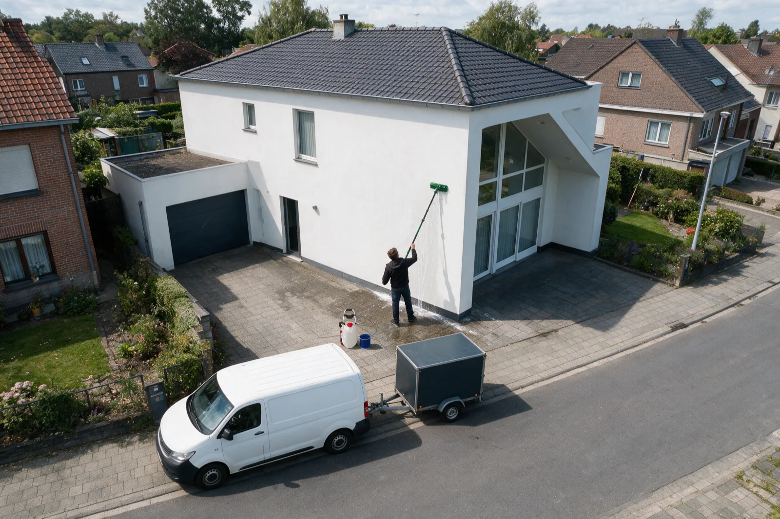 De bestelwagen en aanhangwagen van Outshine op een werf