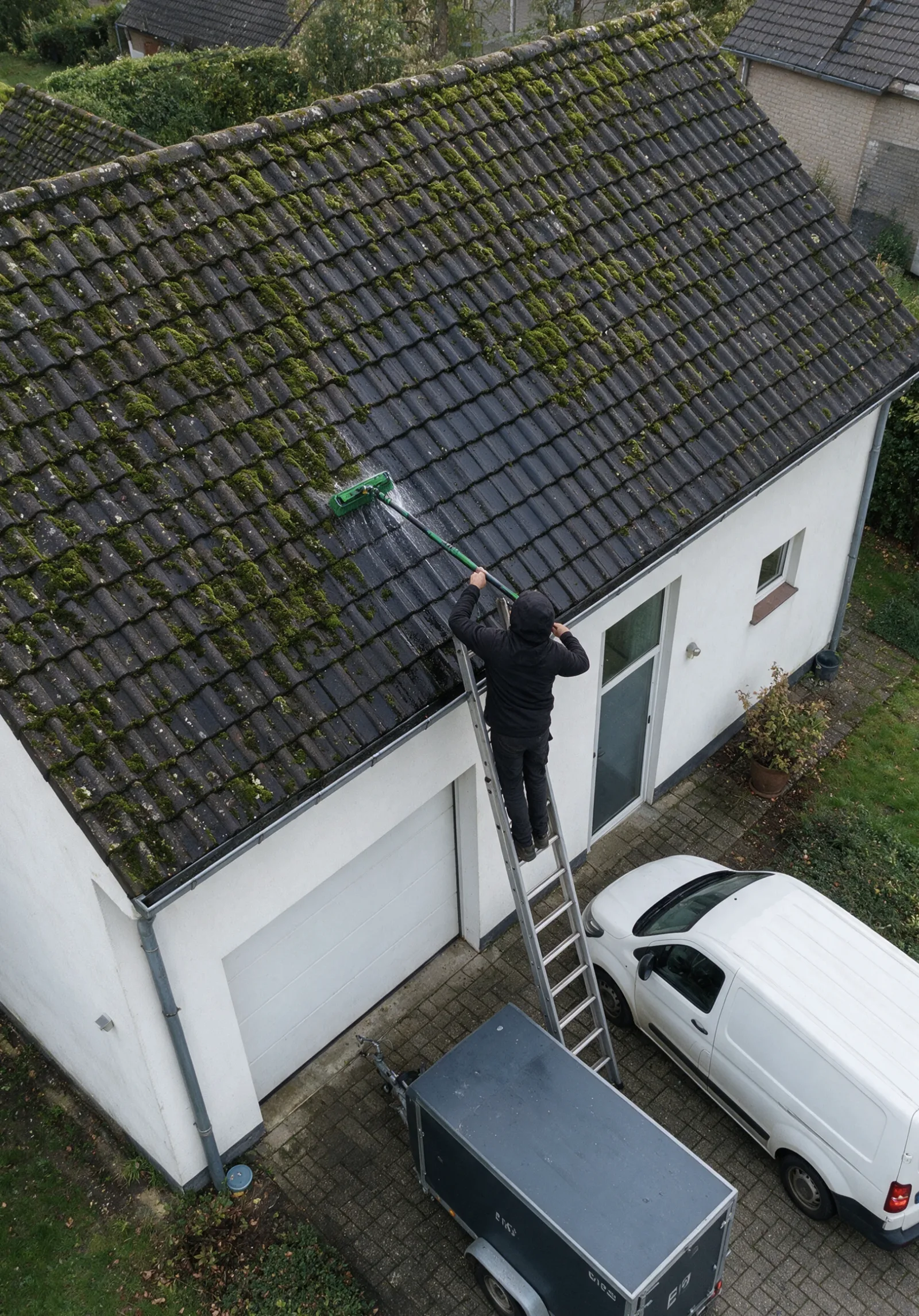 Bemost pannendak vanuit de lucht, met de ladder tegen de gevel tijdens de reiniging