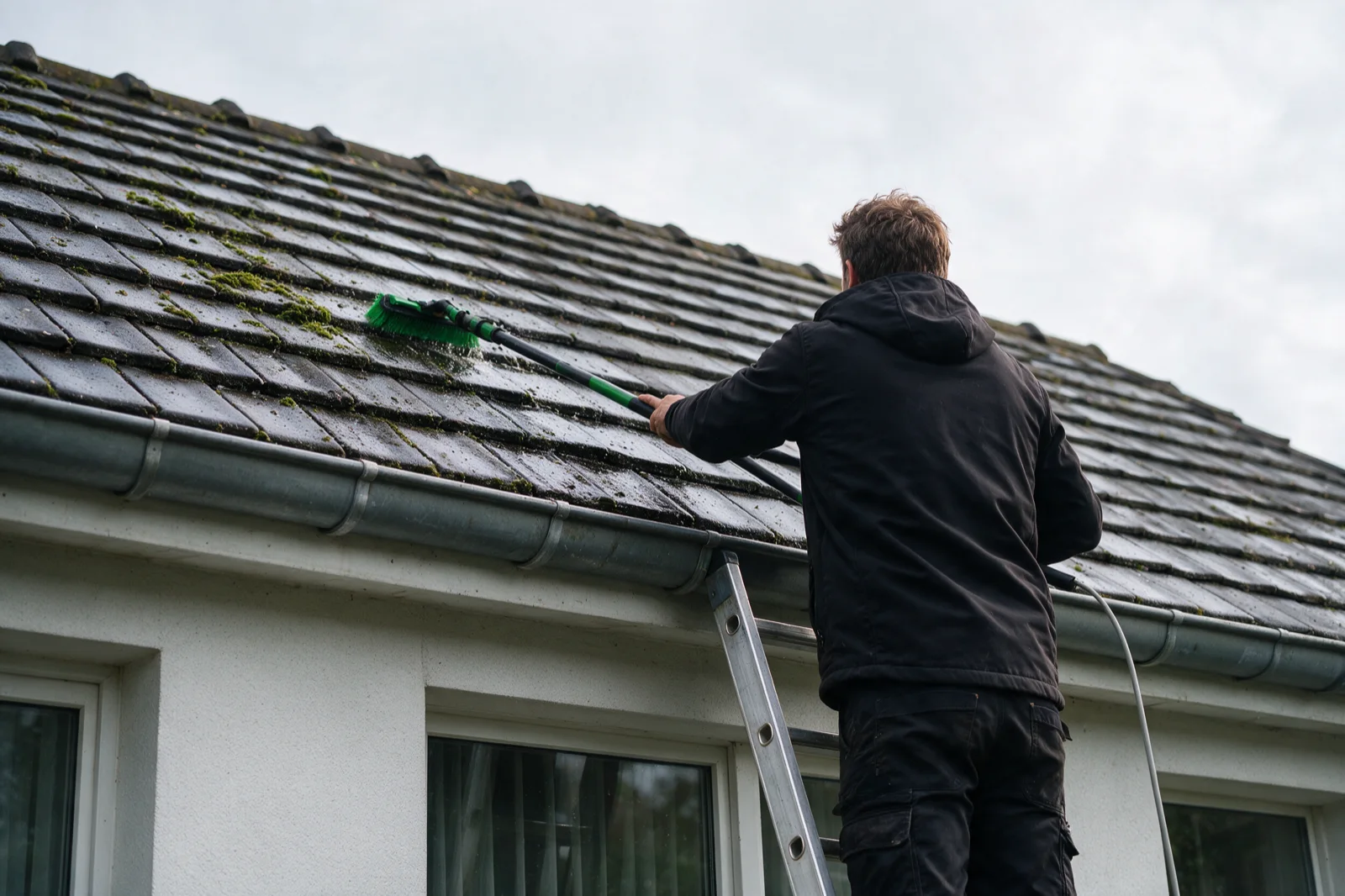 Grijze dakpannen met mos, halverwege de behandeling vanaf de ladder