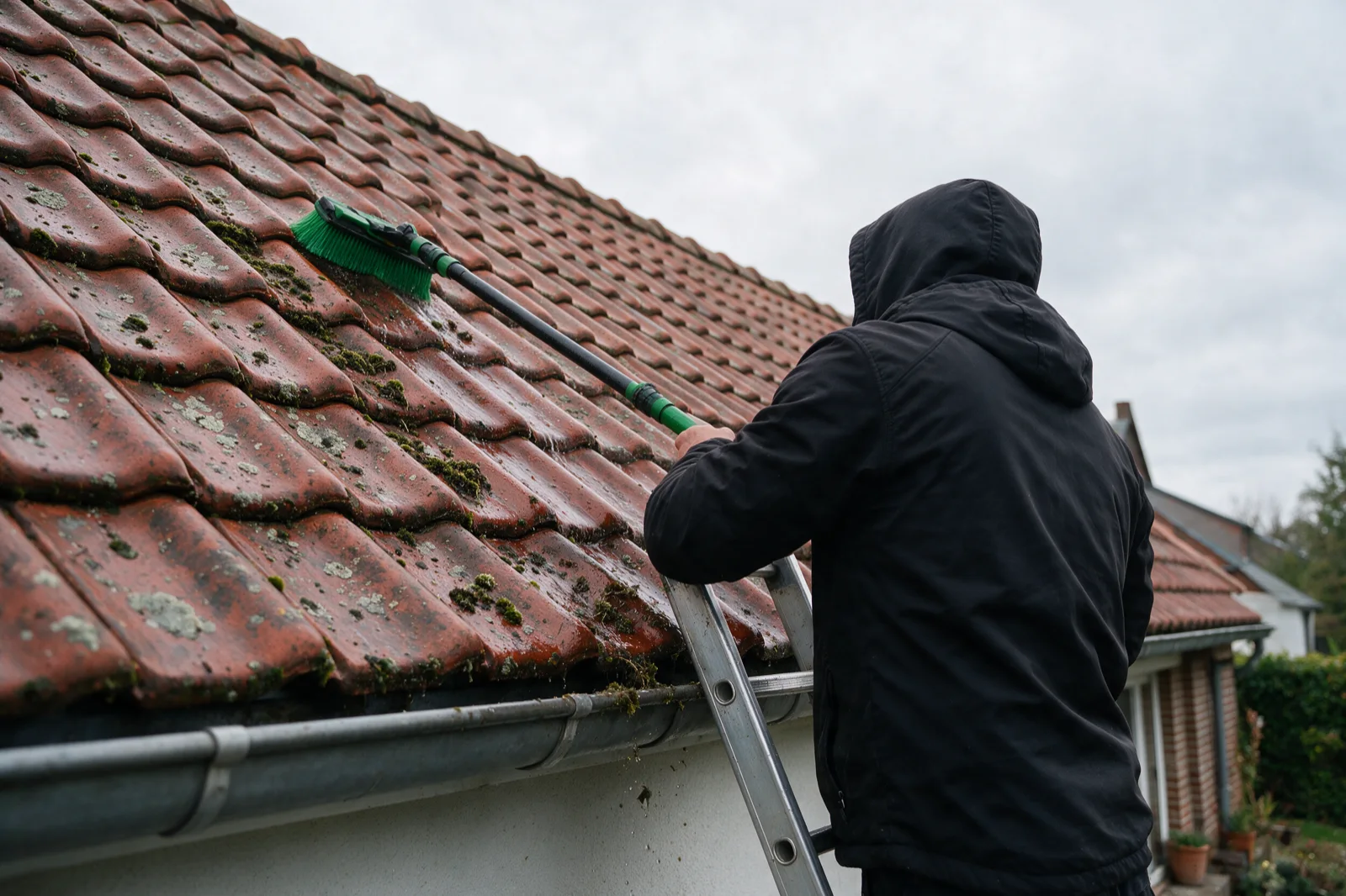 Dakreiniging in uitvoering: mos van de pannen borstelen op lage druk